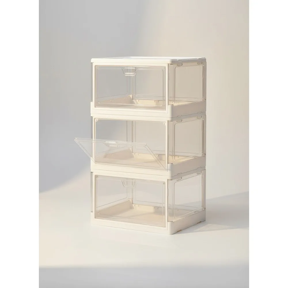 

3-Pack Clear Stackable Storage Bins with Magnetic Doors, Foldable Plastic Organizers for Toys, Closet & Home