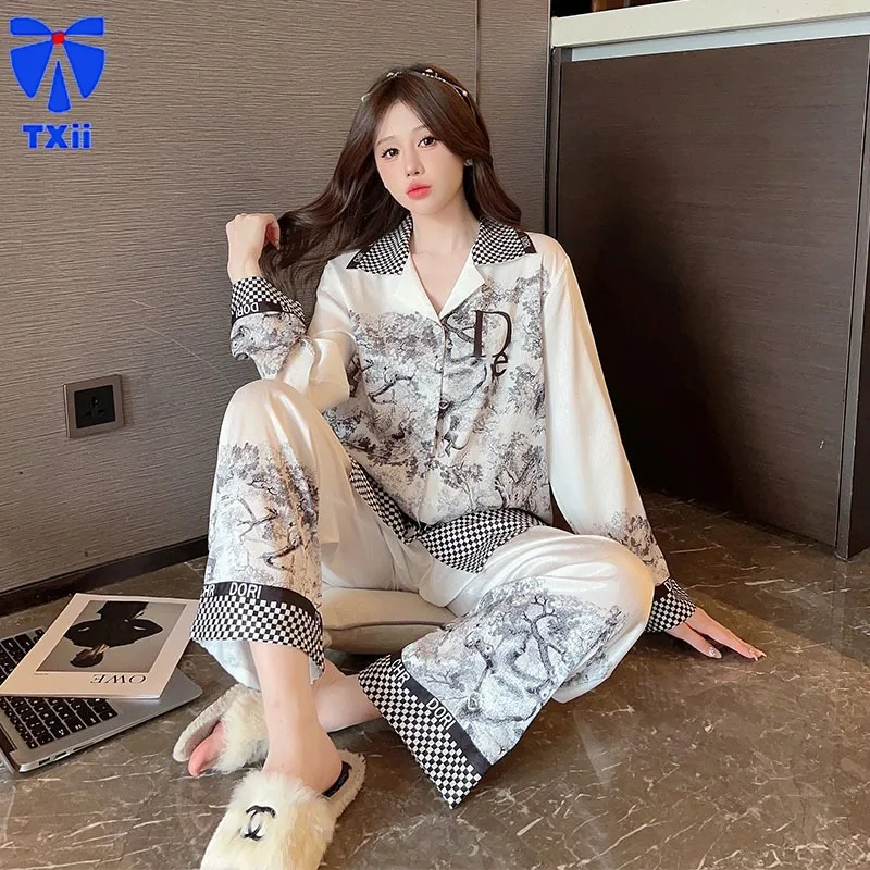 Ink Painting Pajamas Women\'s Spring Autumn 2024 New Ice Silk Long Sleeve Trousers Internet Popular Wind Autumn Home Clothes suit