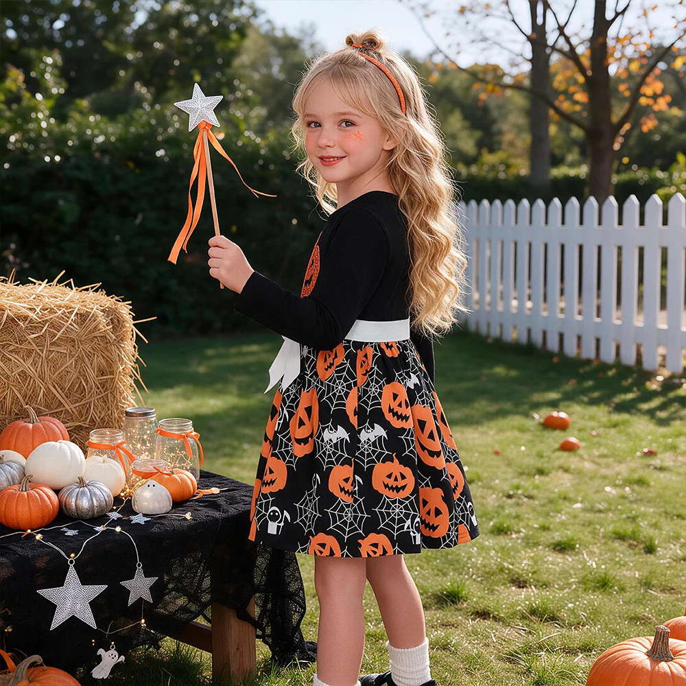 DXTON Cotton Children's Dresses Pumpkin Kids Festival Clothing Halloween Party Dress For Girls Cobweb Bow Toddler Autumn Dress