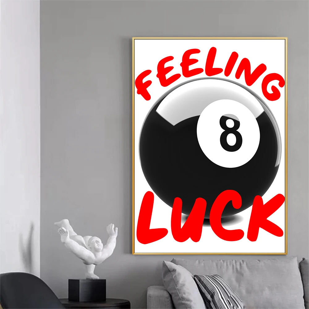 Vintage Black White 8 Pool Ball Print Feeling Luck Quote Picture Canvas Poster Living Room Home Bar Apartment Aesthetic Decor