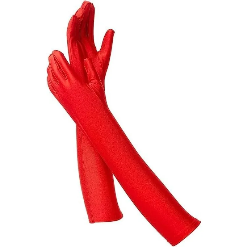 Luvas longas de ópera de cetim vermelho para mulheres, Mrs Claus, Cruella Deville, Capuz de equitação vermelho-acessórios para fantasias de Halloween para mulheres