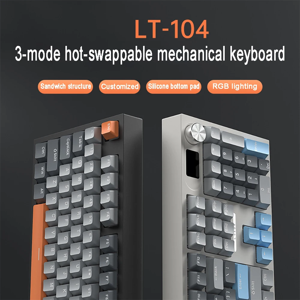 LT104 Mechanical Keyboard 104-keys RGB Hot-swappable Gaming 2.4G/BT5.0 Type-C Wired DIY Mechanical Game Keyboard Control Knob