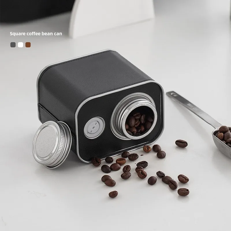 

Tinplate Coffee Bean Canister,Portable One Way Valve Vent Seal Canister,Coffee Bean Storage Can,PU Leather,Square Jar