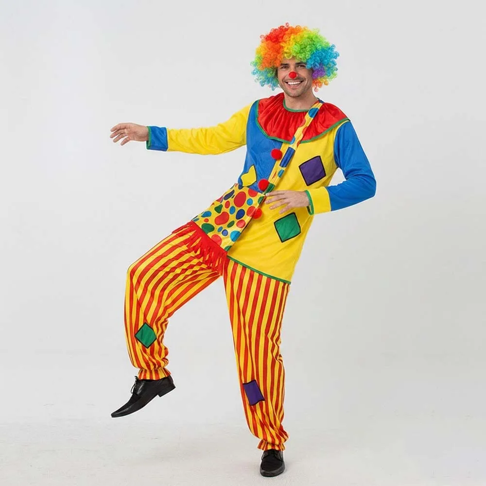

Adult Circus Clown Costume for Men Colorful Striped Outfits Halloween Carnival Cosplay Stage Performance Funny Clown Suits