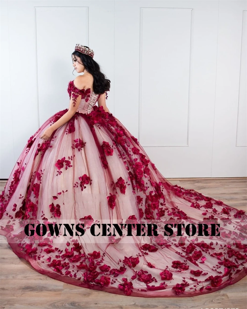 Vestido de baile de quinceañera, traje Formal de princesa con cuentas de perlas en Burdeos, en 3D Flores, hombros descubiertos, 2024