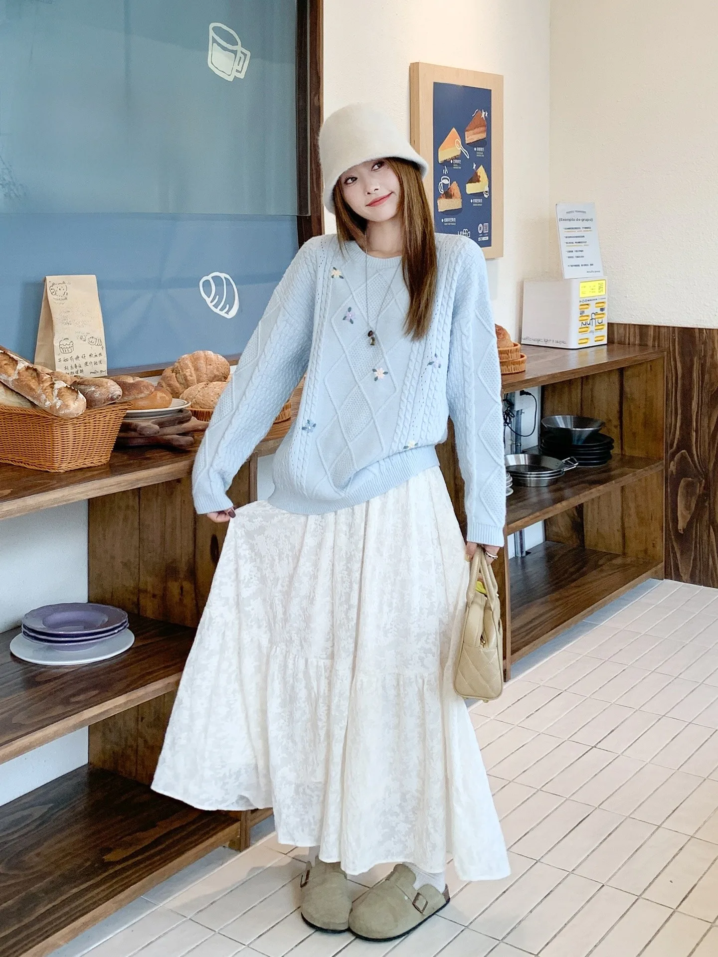 Soft Style Lace Half Skirt Women's Summer Loose A-Line Long Skirt Light Beige Color High Waist Polyester Fiber Casual Wear
