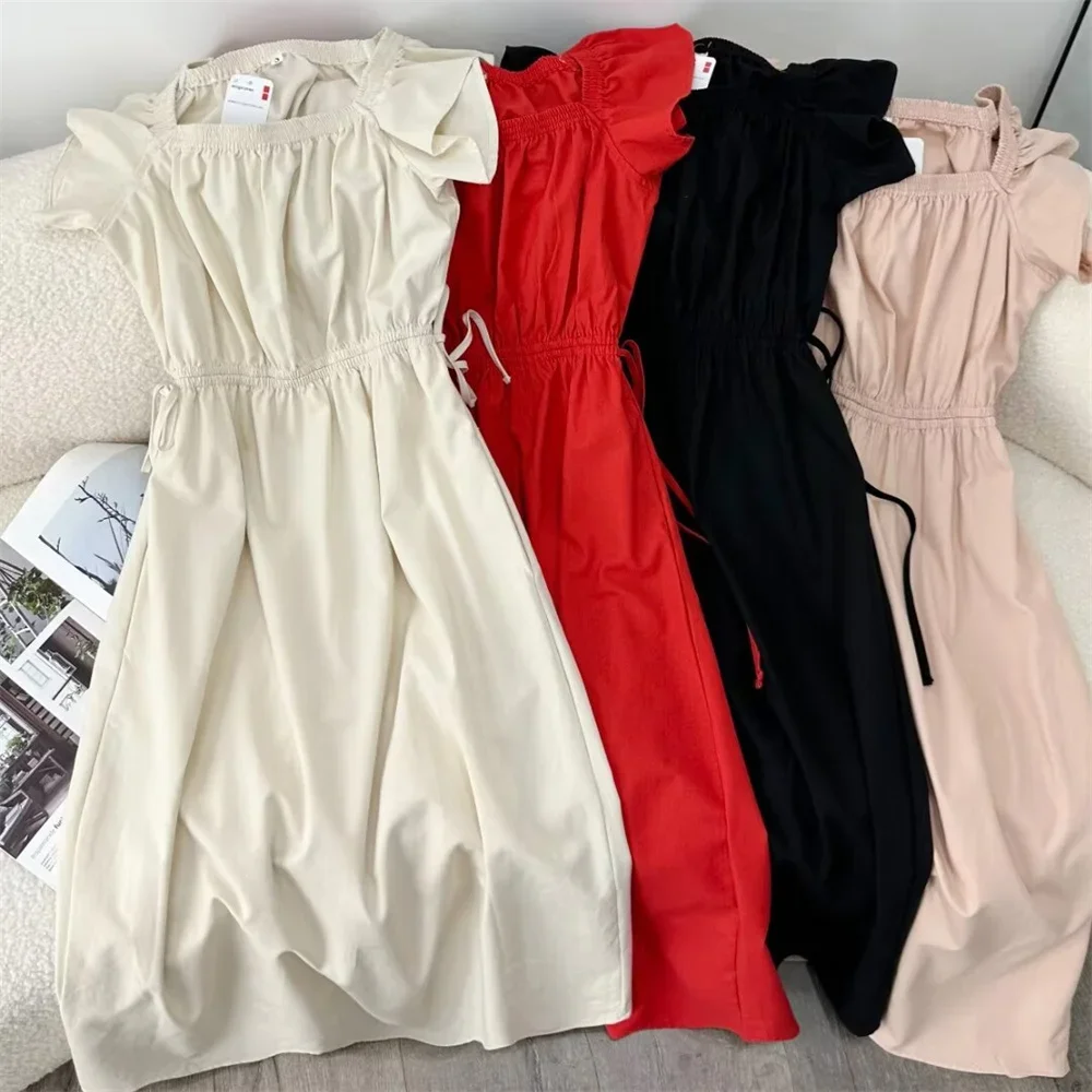 

Pop Summer New Women's Fashionable Pleated Back Hollow Square Neck Waist Short Sleeved Dress
