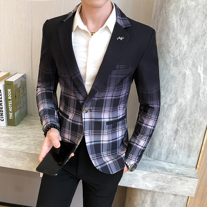 2022 Spring New Men\'s Plaid Blazer Fashion Casual Men\'s Slim Suit Jacket Banquet Wedding Party Club Dress Branded Mens Clothing