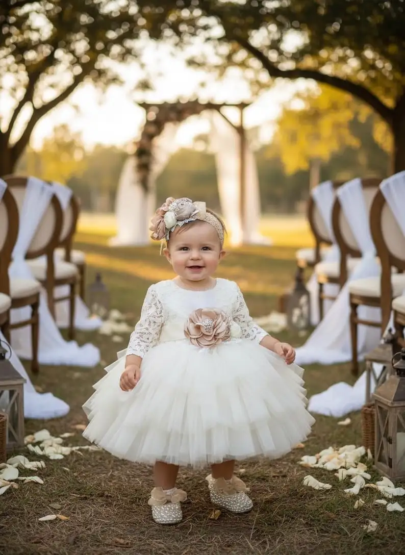Ivory Flower Girl Dress,Long Sleeve lace Tulle Tutu dress, Holiday Party toddler outfit, handmade headband and sash gift