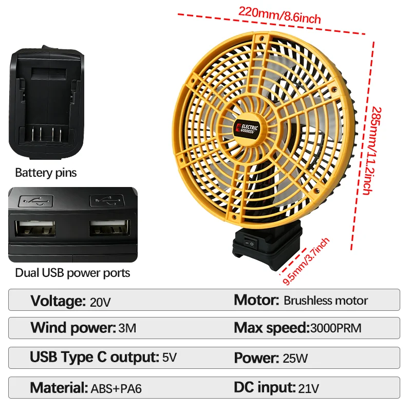 8Inch Desk Fan 180° Tilt,Ultra Quiet,Office Home Portable High-Power Fans Outdoor Camping for Dewalt 20v Battery Pin