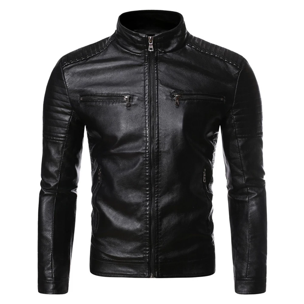 

Casual Long Sleeve Imitation Leather Jacket Black Brown Yellow Regular Length Size M 3XL Solid Color Stand Collar