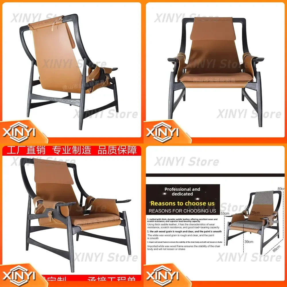 Industrial Style Solid Wood Leisure Chair for Hotel Room Homestay Balcony Living Room Lounge Saddle Leather Lazy Sofa Chair
