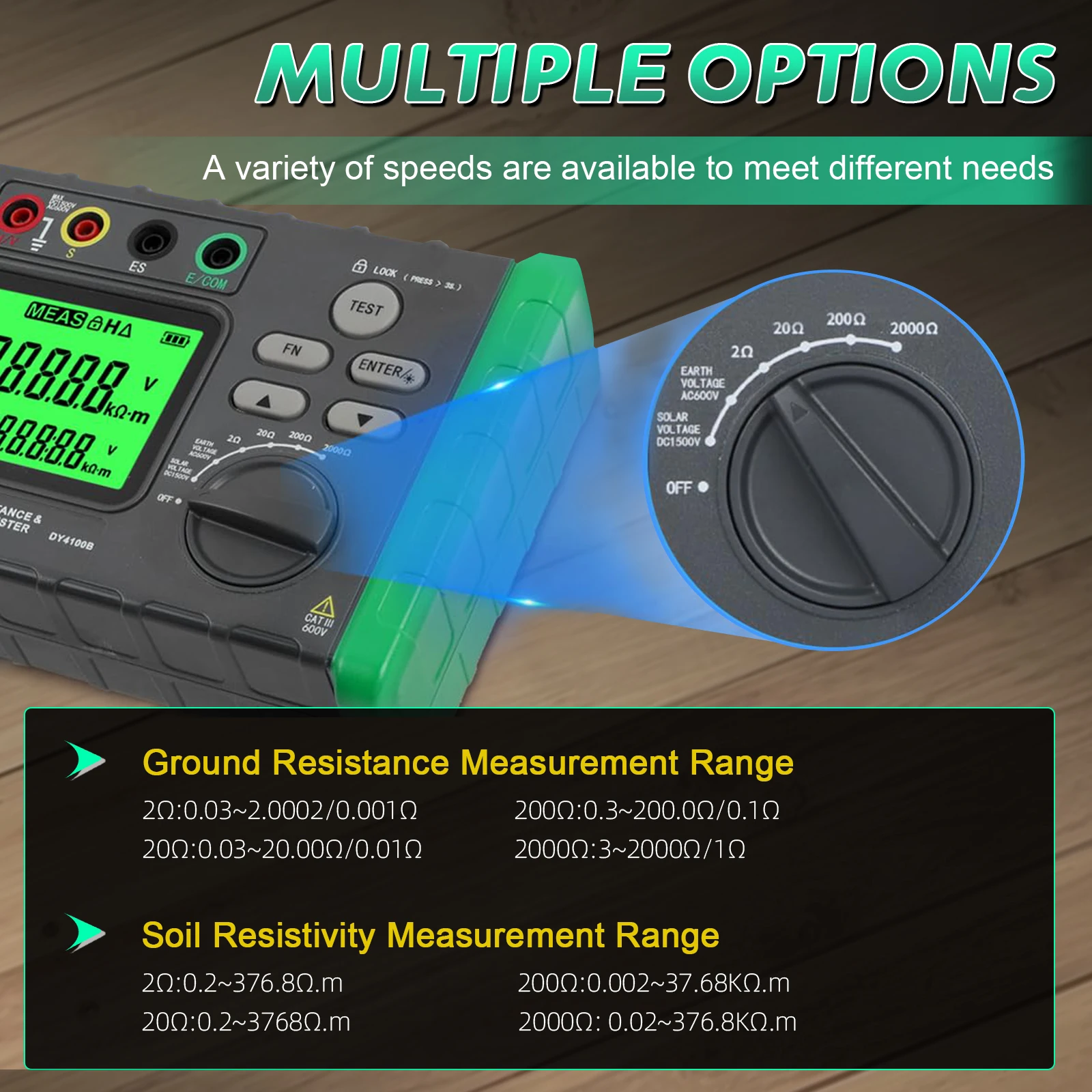 Digital Ground Resistance Tester 0-2000Ω Earth Megger Voltmeter 1500V PV Voltage Meter for Electrical Grounding Lightning System