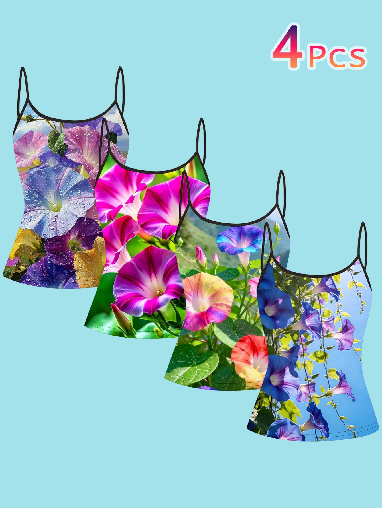 4-Piece Set of Women's Colorful Camisole Tops with Waterdrop Morning Glory Print, Slim-Fit Inner Layering Tops
