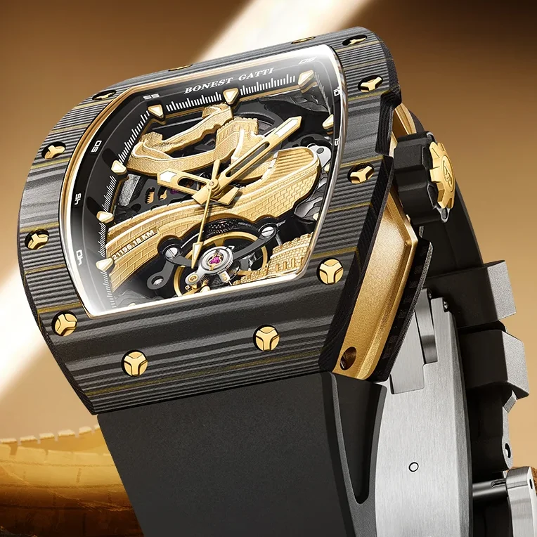 

Мужские автоматические часы BONEST GATTI, 42 мм, механические наручные часы Tonneau, водонепроницаемый корпус из углеродного волокна, светящийся корпус, сапфировый ремешок FKM