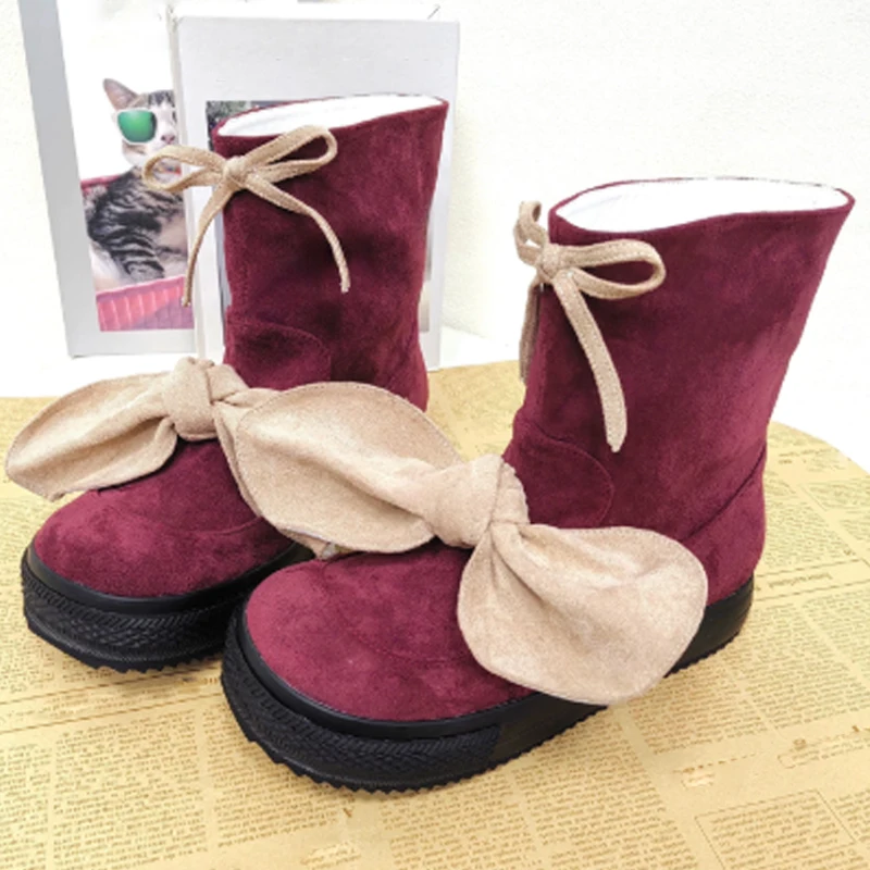 

Bow Knot Platform Round Toe Wine Red Ankle Boots Women Winter Snow Boots Casual Warm Black Slip-On Non-Slip Female Shoes