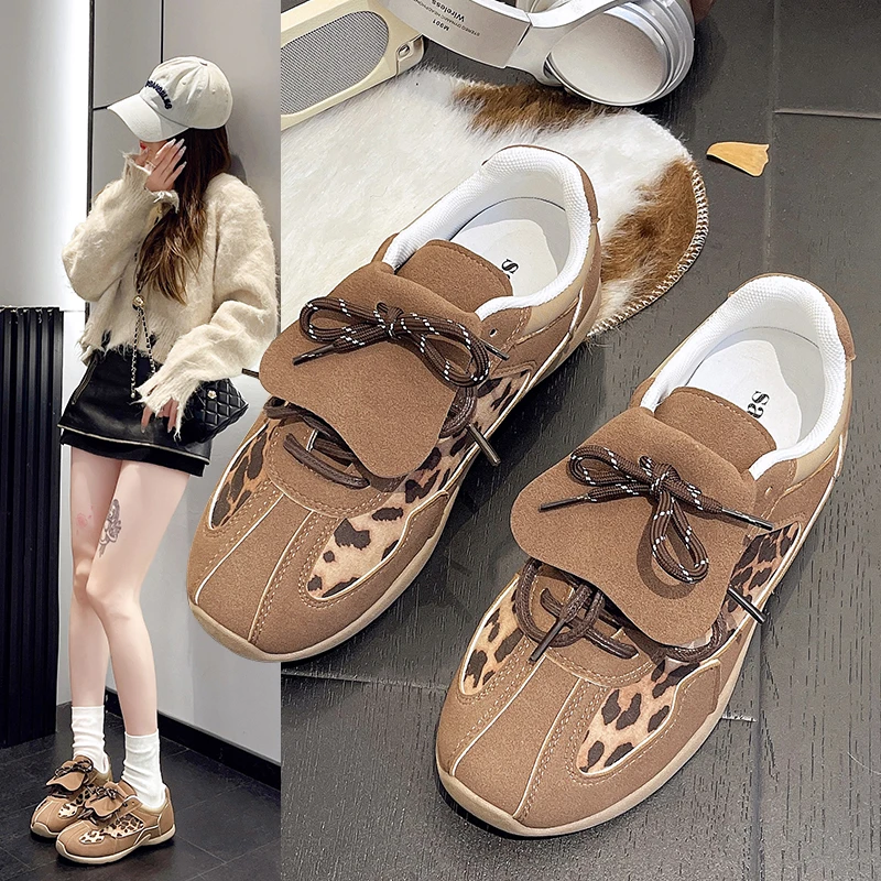 

Pop Leopard Brown Vintage Vulcanized Shoes Letter Printed Sports Falts Patchwork Lace-up Streetwear Sneakers Casual Shoes For Wo