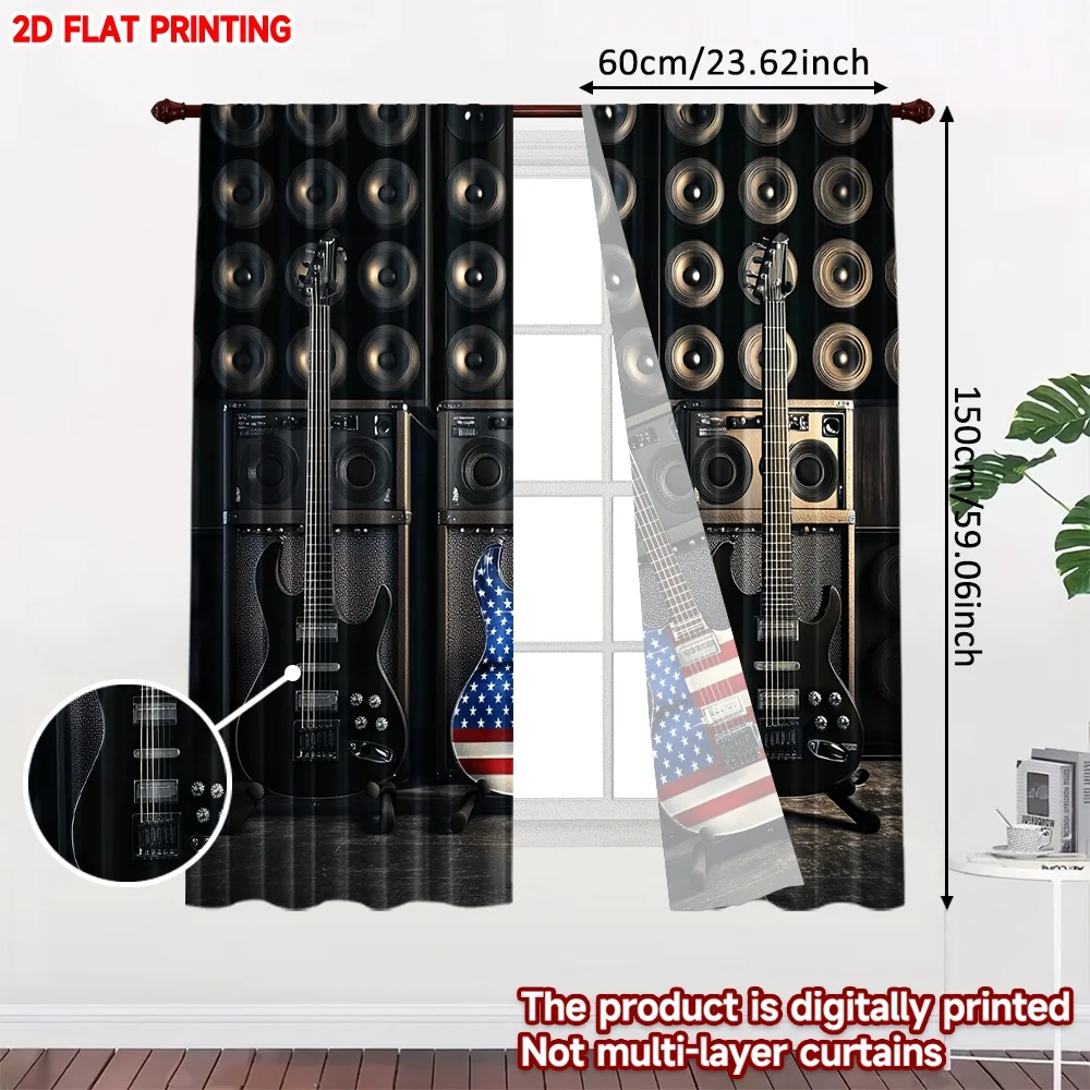 2D flat printing 2pcs Window Curtains Fourth of July Guitars Digital Printed Polyester Drapes Family Party Decoration Use for