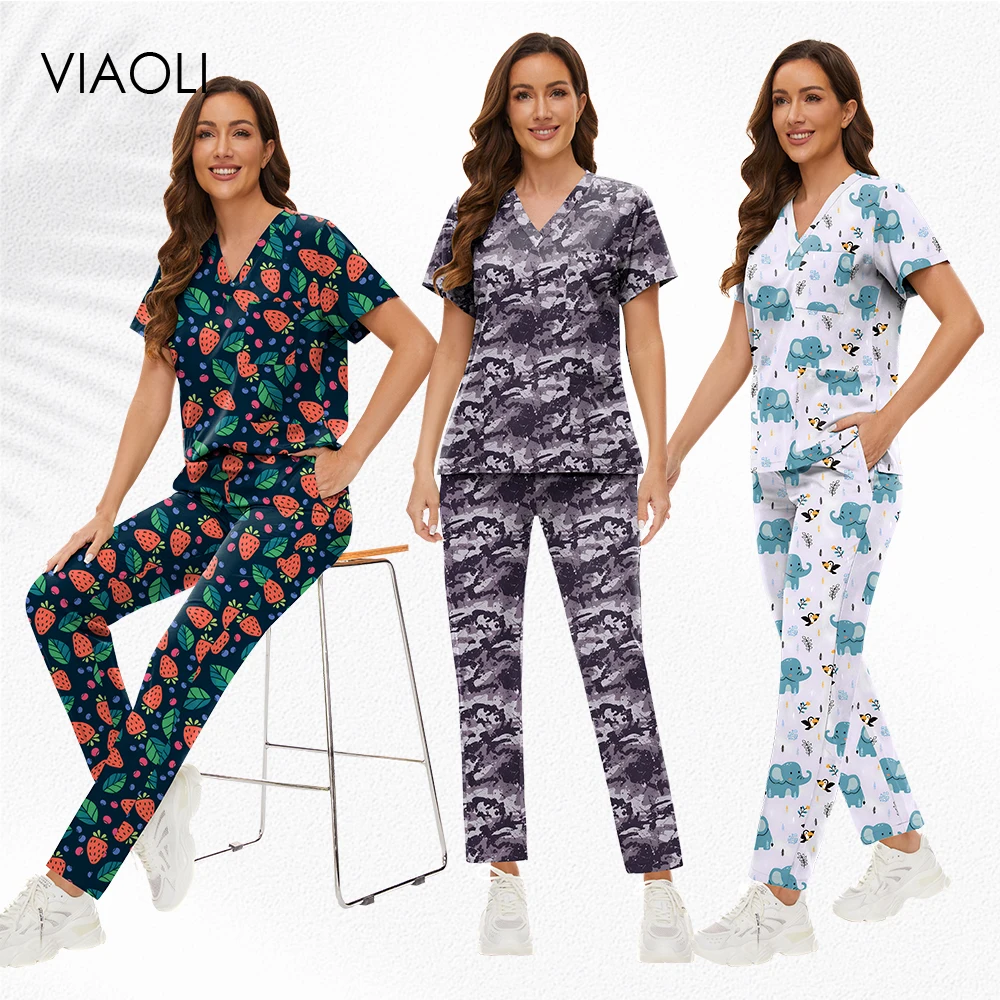 Uniformes cirúrgicos mulher impresso de alta qualidade médico esfrega conjunto uniforme enfermeira hospital laboratório spa salão elástico macio elegante esfrega