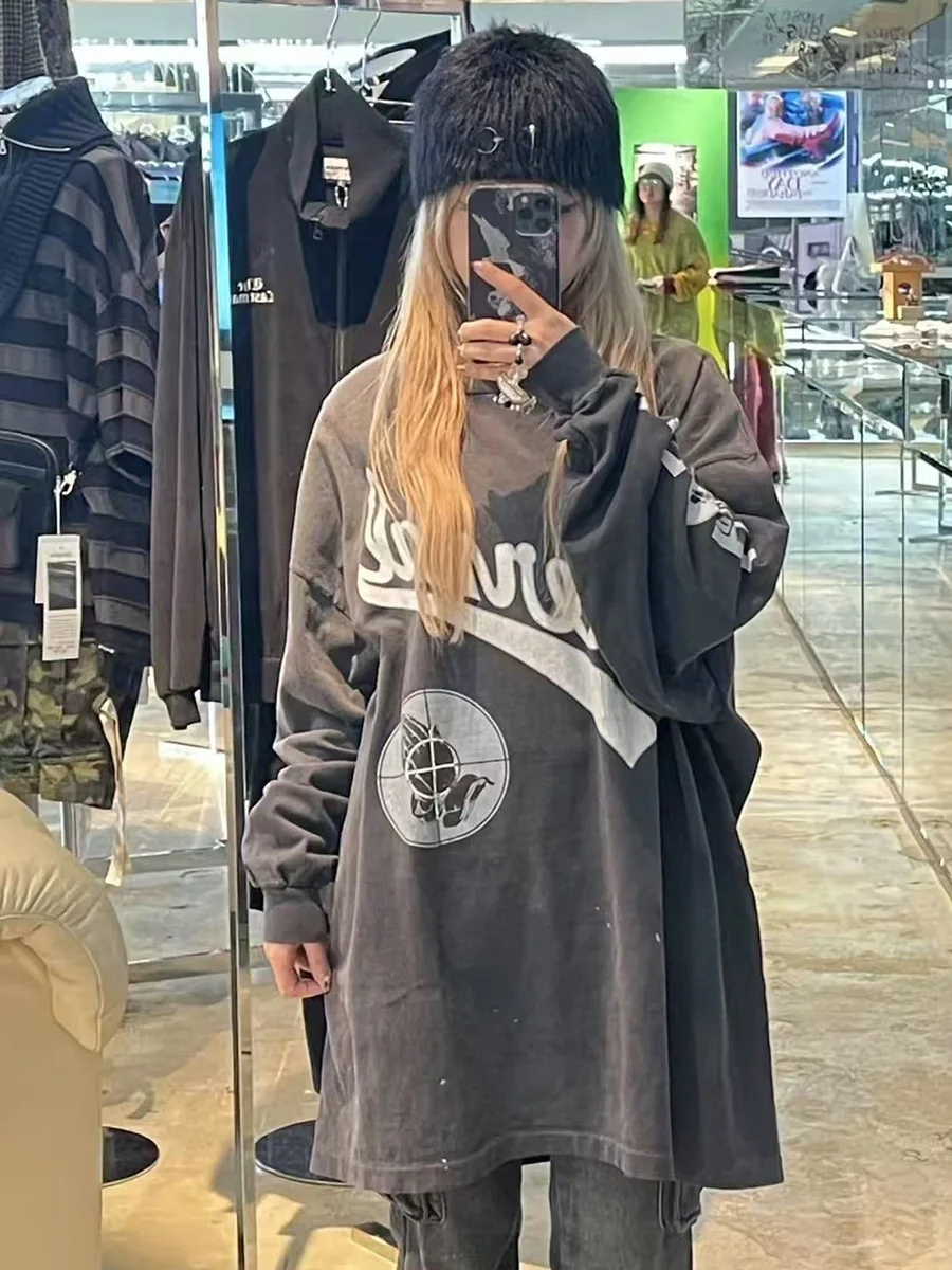 Retro Washed Long Sleeve T-Shirt American Trend Print Letter Unisex Autumn Casual Fashion Breathable Cotton round Neck Top