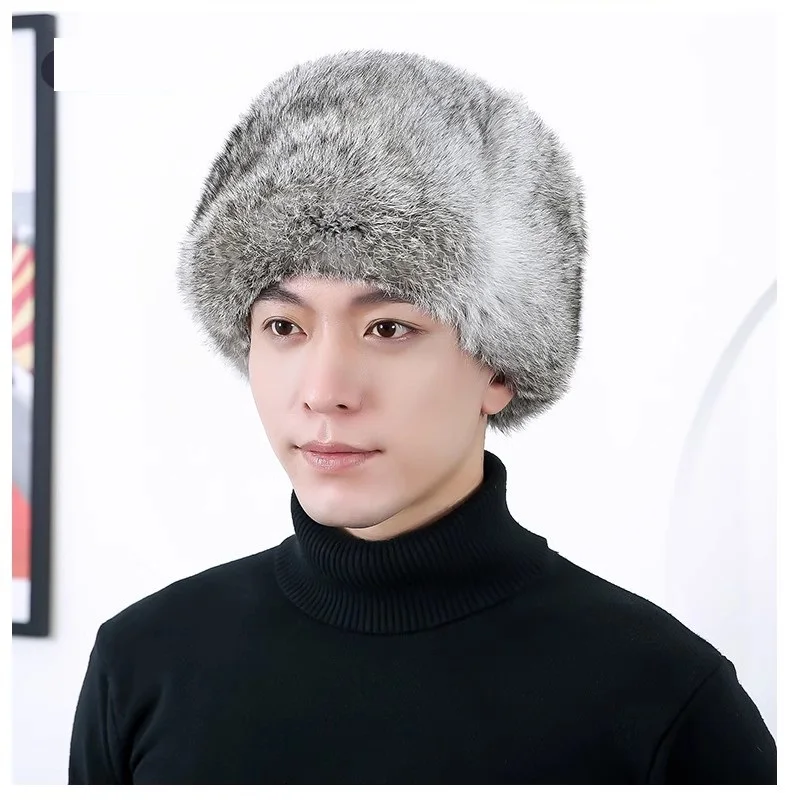 

Men's Real Rabbit Fur Hat Winter Warm Beanie Cap Ear Warmers Headwear Black Brown Grey