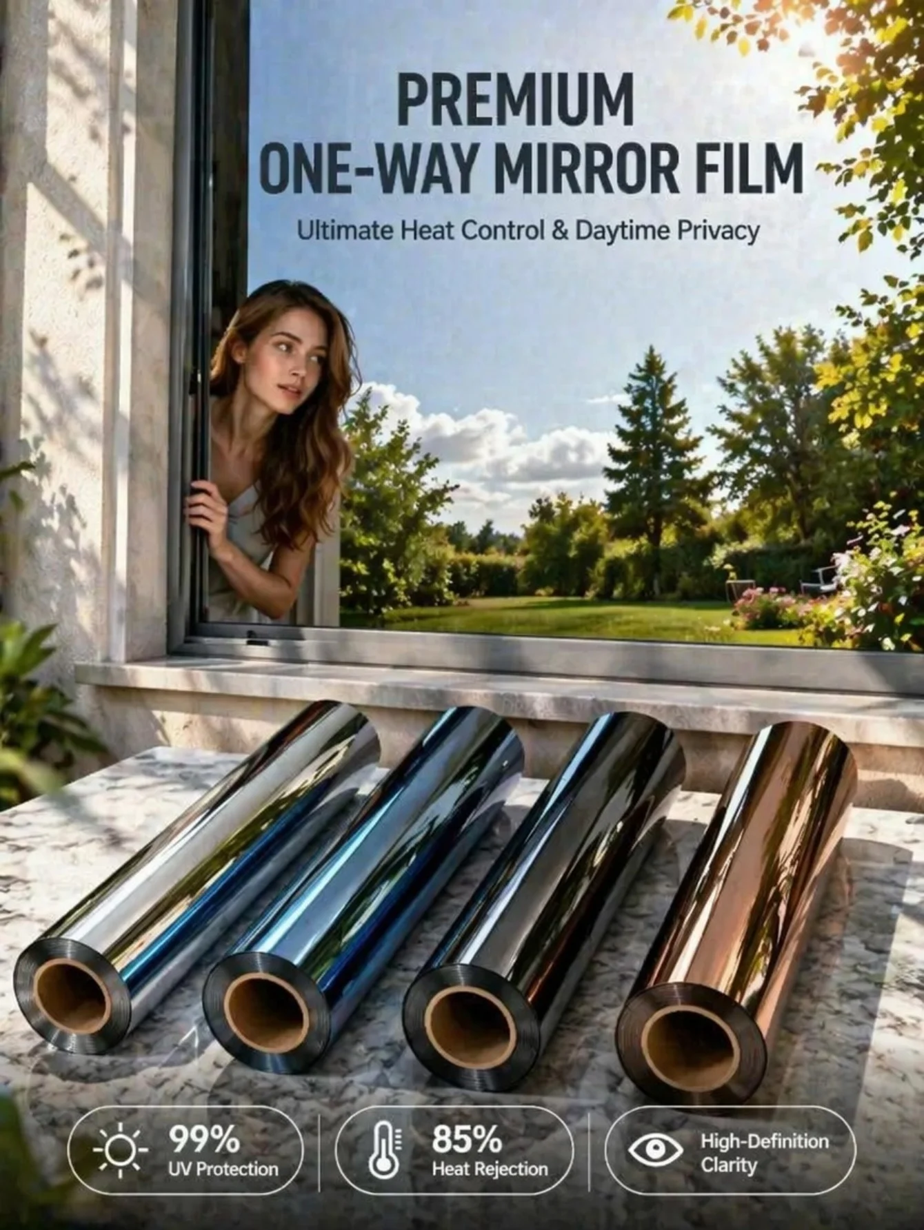 One Way Mirror Window Film Self Adhesive Heat Control UV Block Sun Block Privacy for Home Office Glass Door