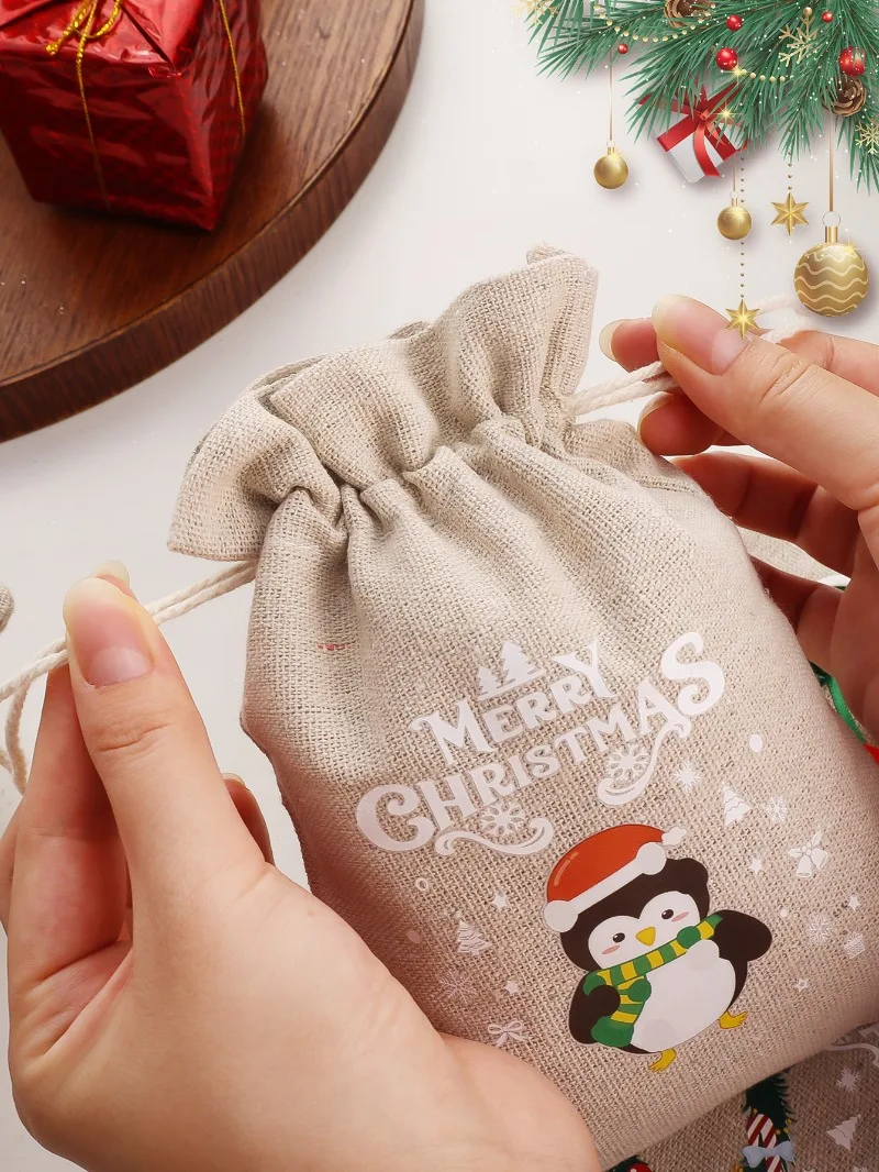 30/1PCS Christmas Linen Drawstring Bags Candy Gift Bag Storage Biscuits Pouchs Xmas Tree Hanging Bag New Year Party Package Sack