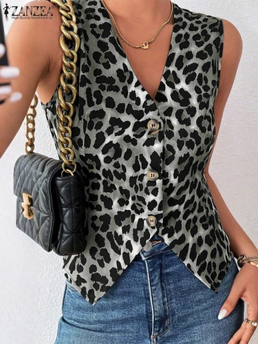 2025 ZANZEA verano sin mangas chalecos de leopardo Tops elegantes mujeres tanques ropa de oficina chalecos moda cuello pico vacaciones camisa Camis