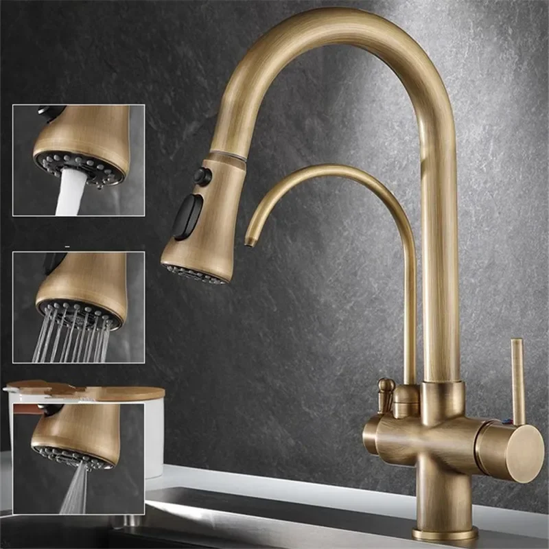 

Antique Pull Out Kitchen Faucet Solid Brass Crane Kitchen Deck Mounted Water Filter Tap Sink Mixer 3 Way Kitchen