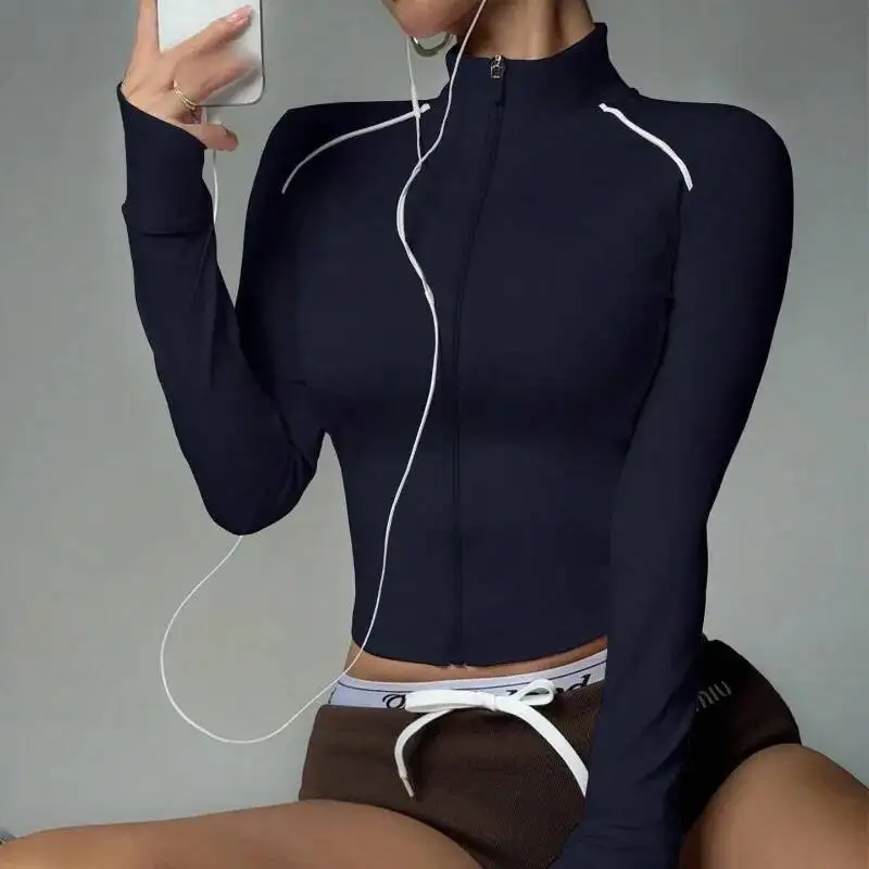 

Женский облегающий топ контрастного цвета, облегающая спортивная куртка на молнии для йоги, повседневный костюм для бега на открытом воздухе