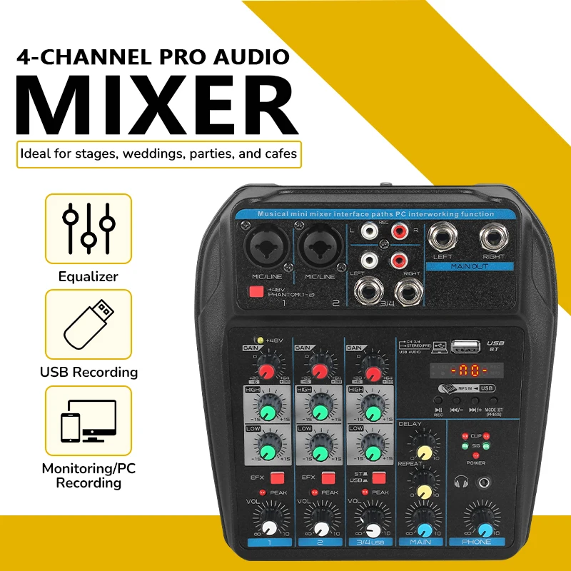 

Fuluode 4-Channel Audio Mixer Processor with Bluetooth Usb Mp3 48V Phantom Power for Mobile Phone & Computer Live Streaming