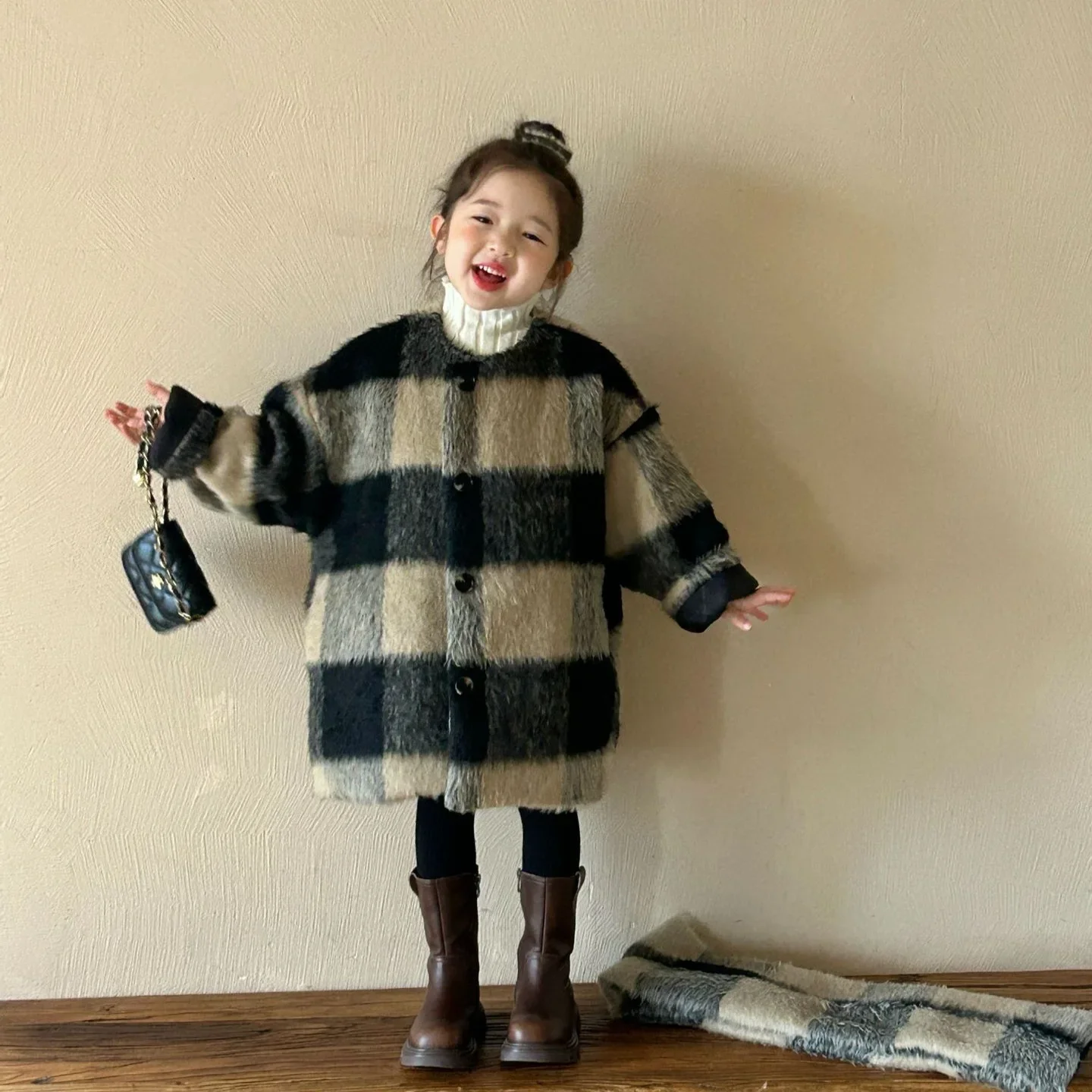 Girls Coat 2024 Winter New Childrens Clothing Girls Baby Fashion Cotton Checkered Medium Long Coat Casual Simple Daily