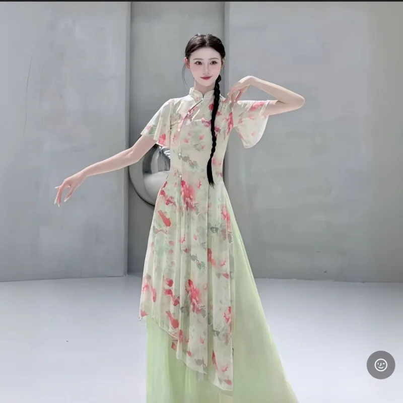 New Classical Dance Body Rhythm Traditional Chinese Style Cheongsam and Gauze Dress with Flowing Patterns Prints Vogue Beauty