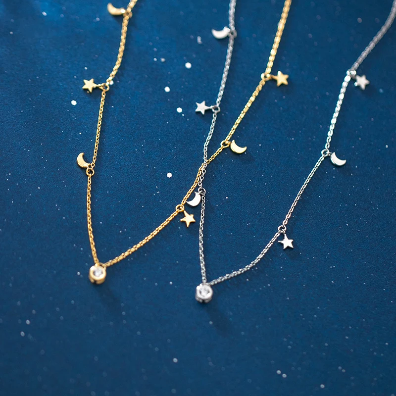 Modian 925 Sterling Silver Star i łańcuszek z księżycem Sparkling Starry Link łańcuszek wisiorek naszyjniki dla kobiet zapobieganie alergii biżuteria — zdjęcie 5