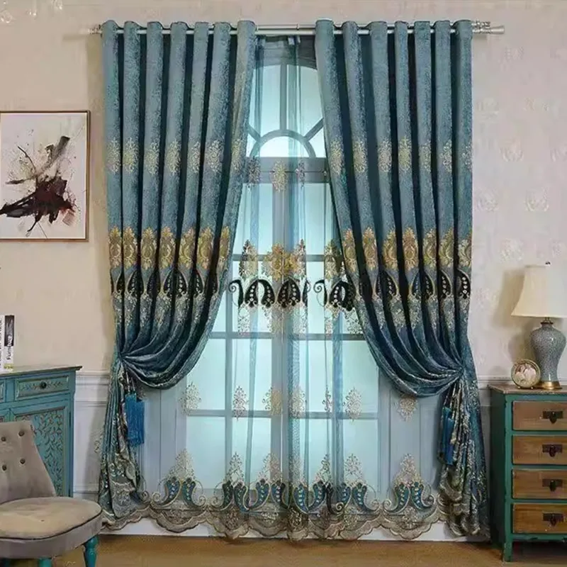 Little Pepper High-end European Style Luxury Blue Embroidered Thickened Curtains Living Room Bedroom Balcony Curtains