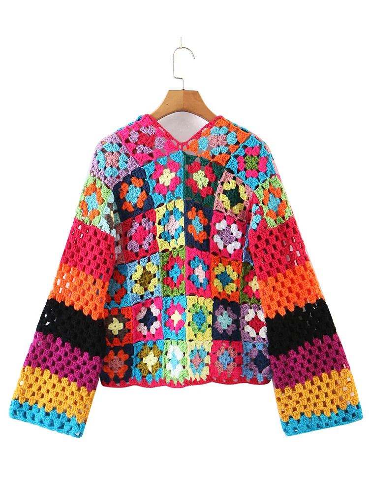 2022 BOHO Plaid Flower Hand Made Crochet Cardigan Woman V neck Long sleeve One Button Sweater Knitwear Jumper Holiday