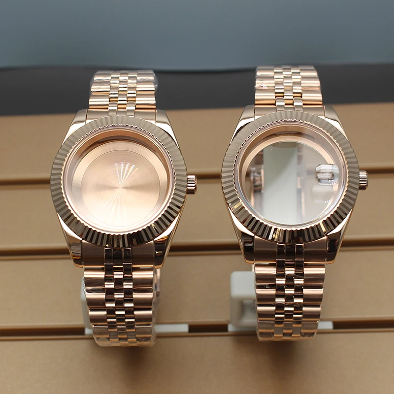 36mm40mm NH35 Watch Case Rose Gold Strap Sapphire Glass For NH35 NH36 NH34 NH38 NH70 Miyota8215 Movement 28.5mmDial Fluted bezel