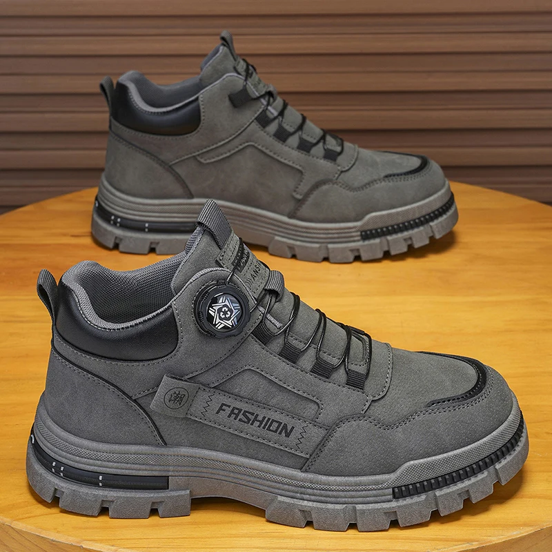Men's Mid Top Work Boots Chunky Lug Sole Non Slip Platform Sneakers Outdoor Hiking Casual Utility Ankle Shoes Grey Khaki Two Col view 6