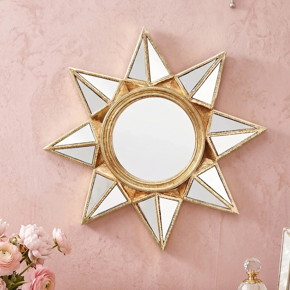 Creative Golden Octagonal Star Mirror Pendant Back Wall Golden Star Wall Decoration Sun Wall Hanging Room Decoration Accessories