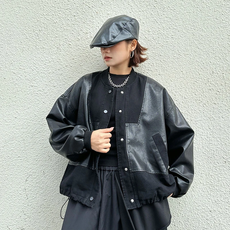 Masss Wasss Korean Winter Womens Fashion Vintage Casual Pu Jackets Biker Outerwear Ladies Oversized Patchwork Faux Leather Coats