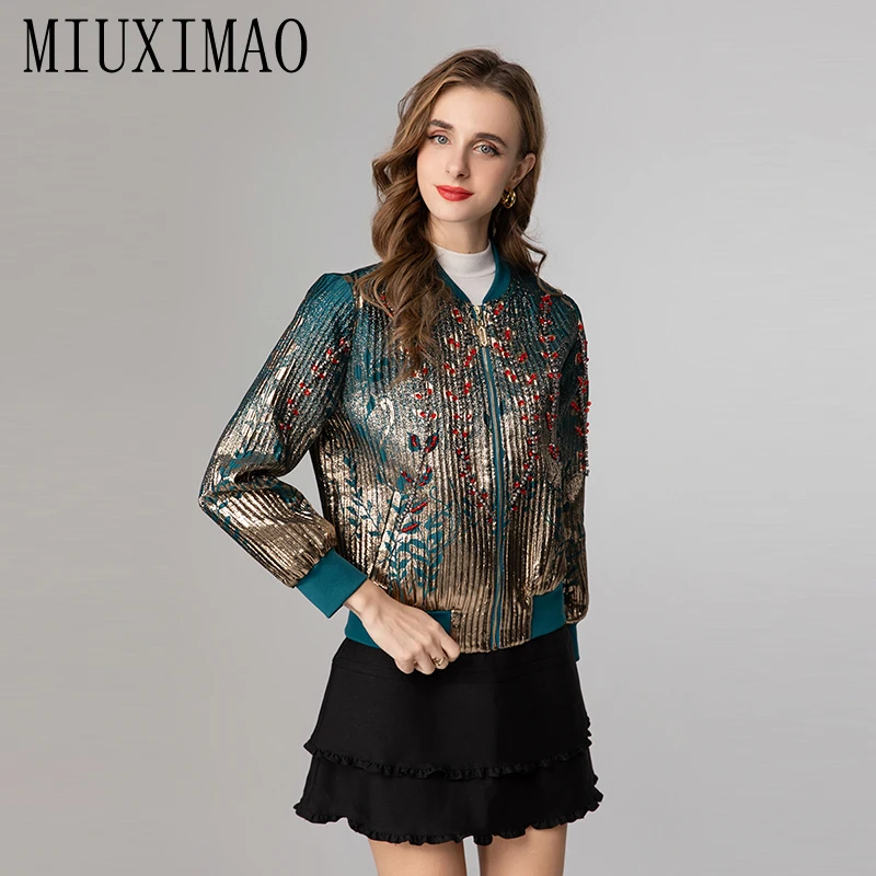 

MIUXIMAO 2025 Spring Fall Jacket Full Sleeve Flower Leaf Jacquard Royal Slim Diamonds Jackets Women Vestides