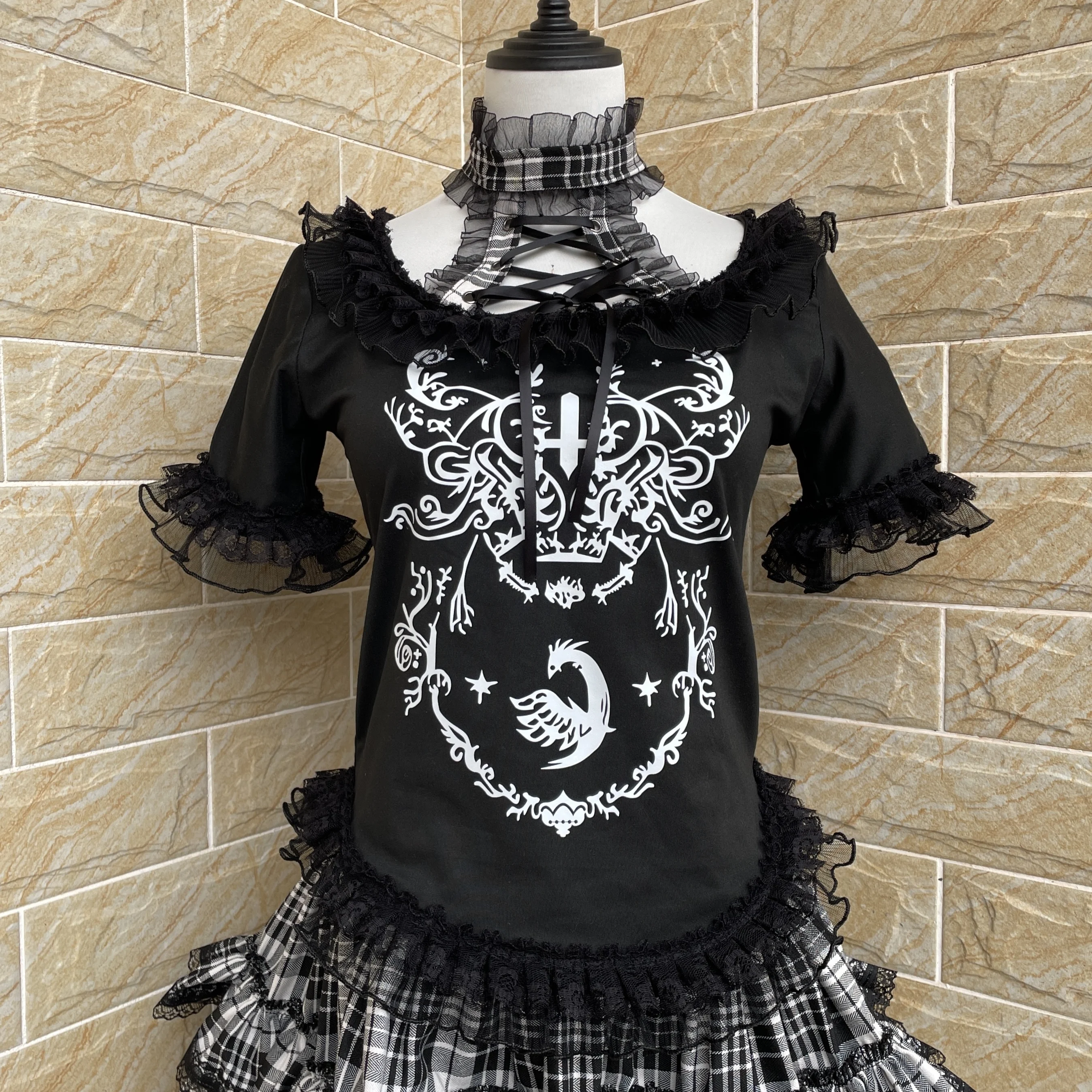 

Ruibbit Harajuku Punk Print Black Slim Lace Short Sleeve Spice Girl Bottomed T-shirt Women Halter Collar T-shirts Y2k Top