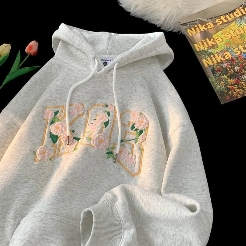 High Quality Pure Cotton Embroidery Flower Hoodie Harajuku Hip Hop Loose Oversized Sweatshirt Jacket Men Women Autumn Winter Top
