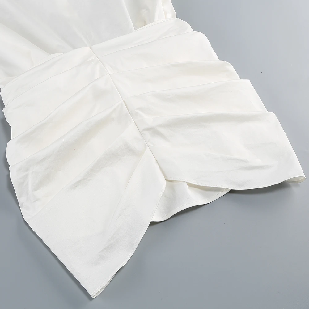 Weißes Hemd-Minikleid für Damen – Eleganter drapierter Rock mit Rosendetail – Übergroßes, langärmliges Button-Down-Kleid