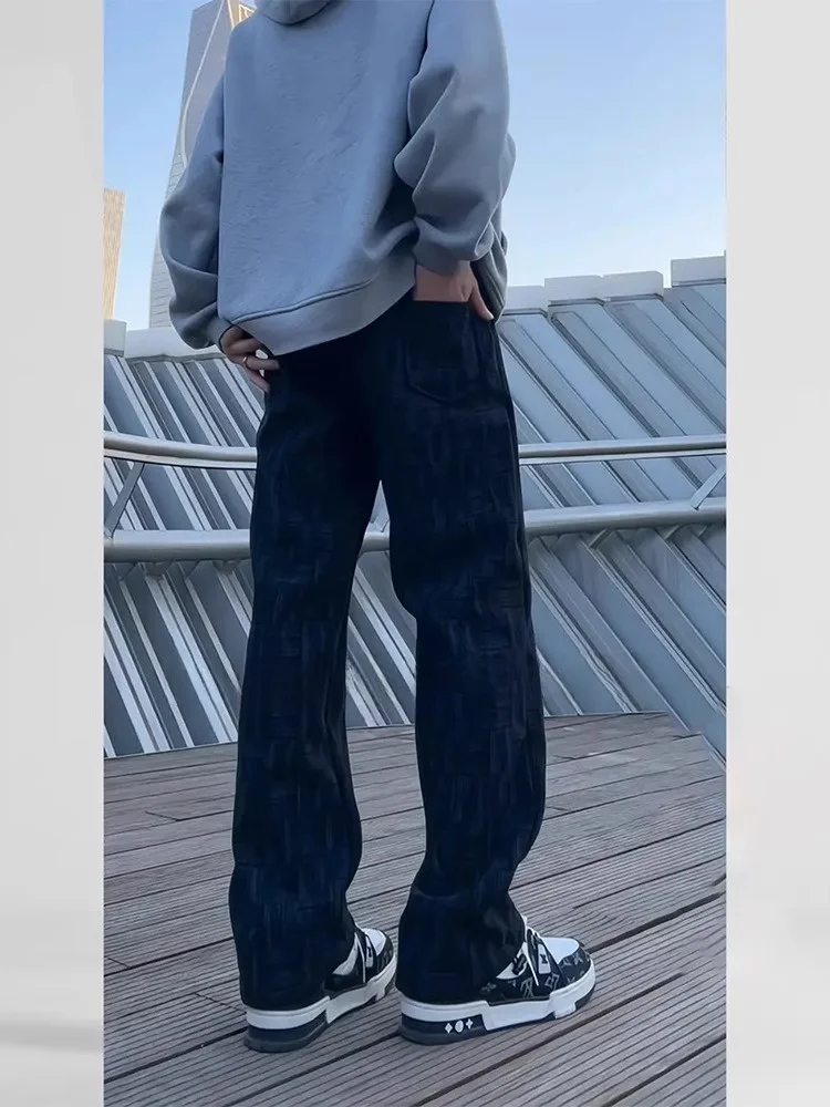 

American Retro Corduroy Pants Men Winter Thiened Warm Sweatpants with Floral Design Casual Straight Leg Long Pants