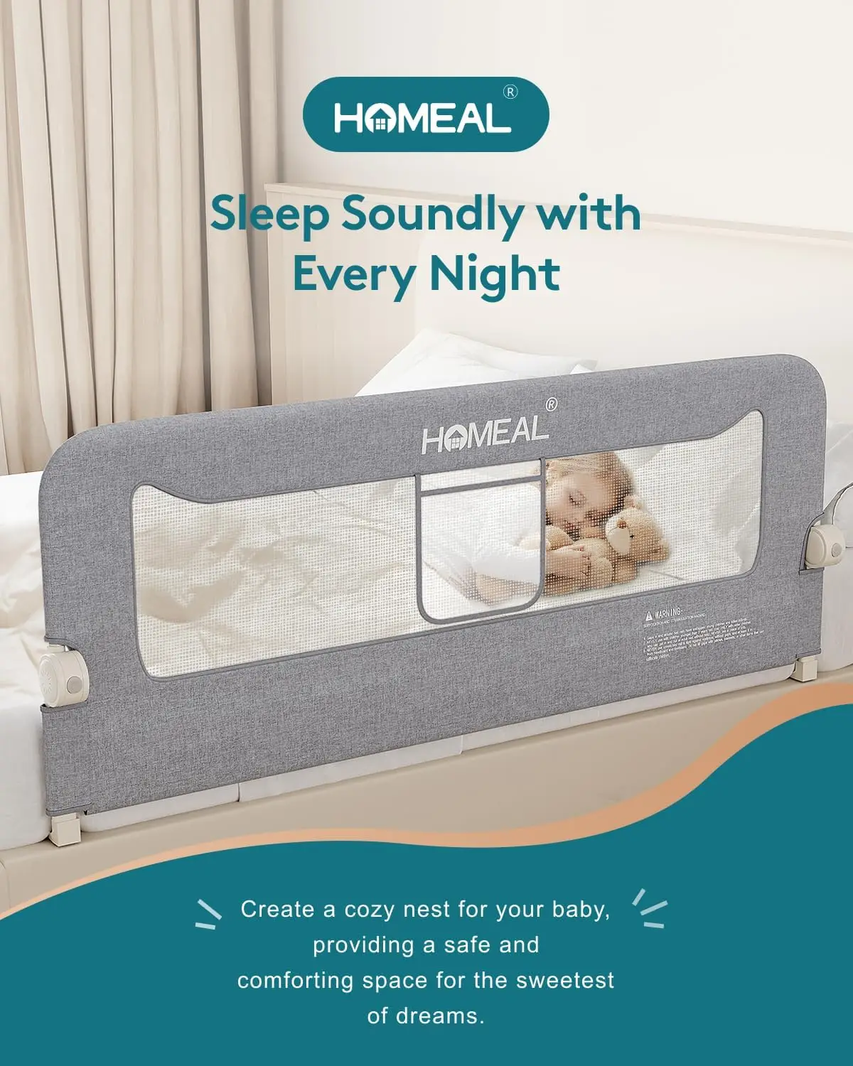 Protetor de trilho de cama infantil dobrável de 59 polegadas para camas King, Queen, Full & Twin - Design de malha de segurança cinza