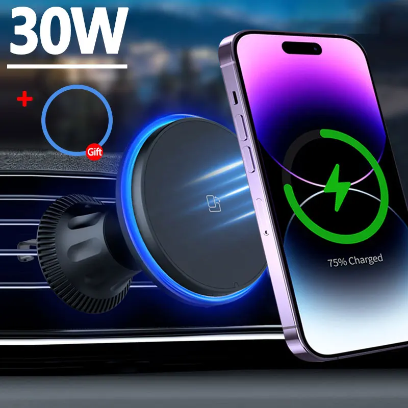 30W RGB Magnetic Car Wireless Charger For iPhone 12 13 14 15 Pro Max Macsafe Car Phone Holder Stand Mount Fast Charging Station