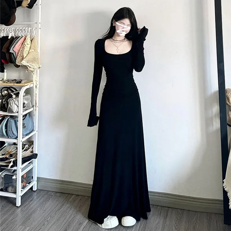 فستان أسود طويل الأكمام المرأة ربيع 2025 جديد التخسيس مزاجه ماكسي فساتين امرأة الكورية موضة شارع العليا فستان طويل