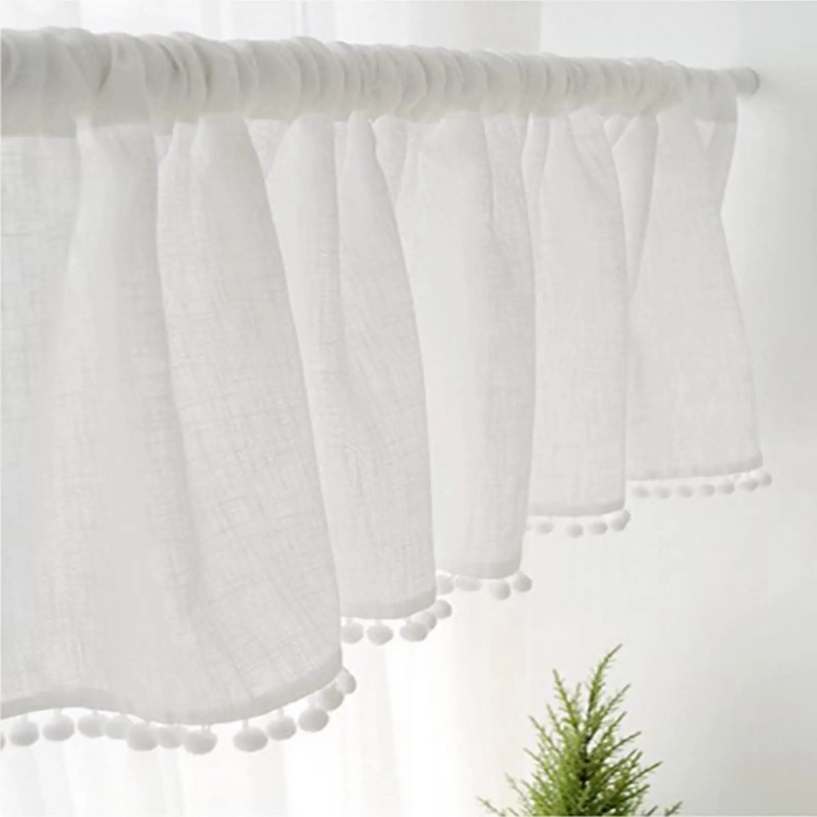 Short Curtain for Small Window Solid White Sheer Cotton Linen with Pompom Tassel Window Treatment Valance Window Panel