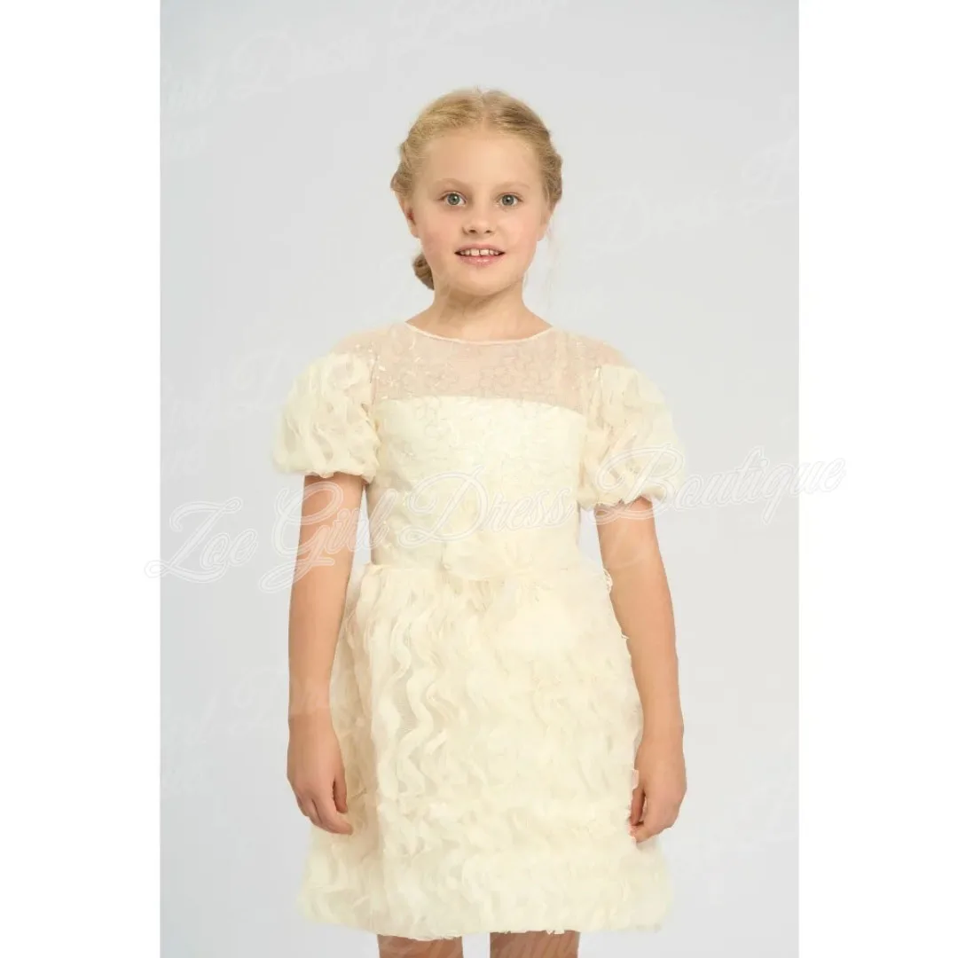 Ivory Lace Pile Up Sleeve Ruffled Tulle Flower Girl Dresses Back Kids Wedding First Holy Communion Birthday Gown Customized